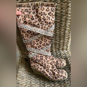 Joan Boyce Leopard Print Heeled Boots with Rhinestone Accents